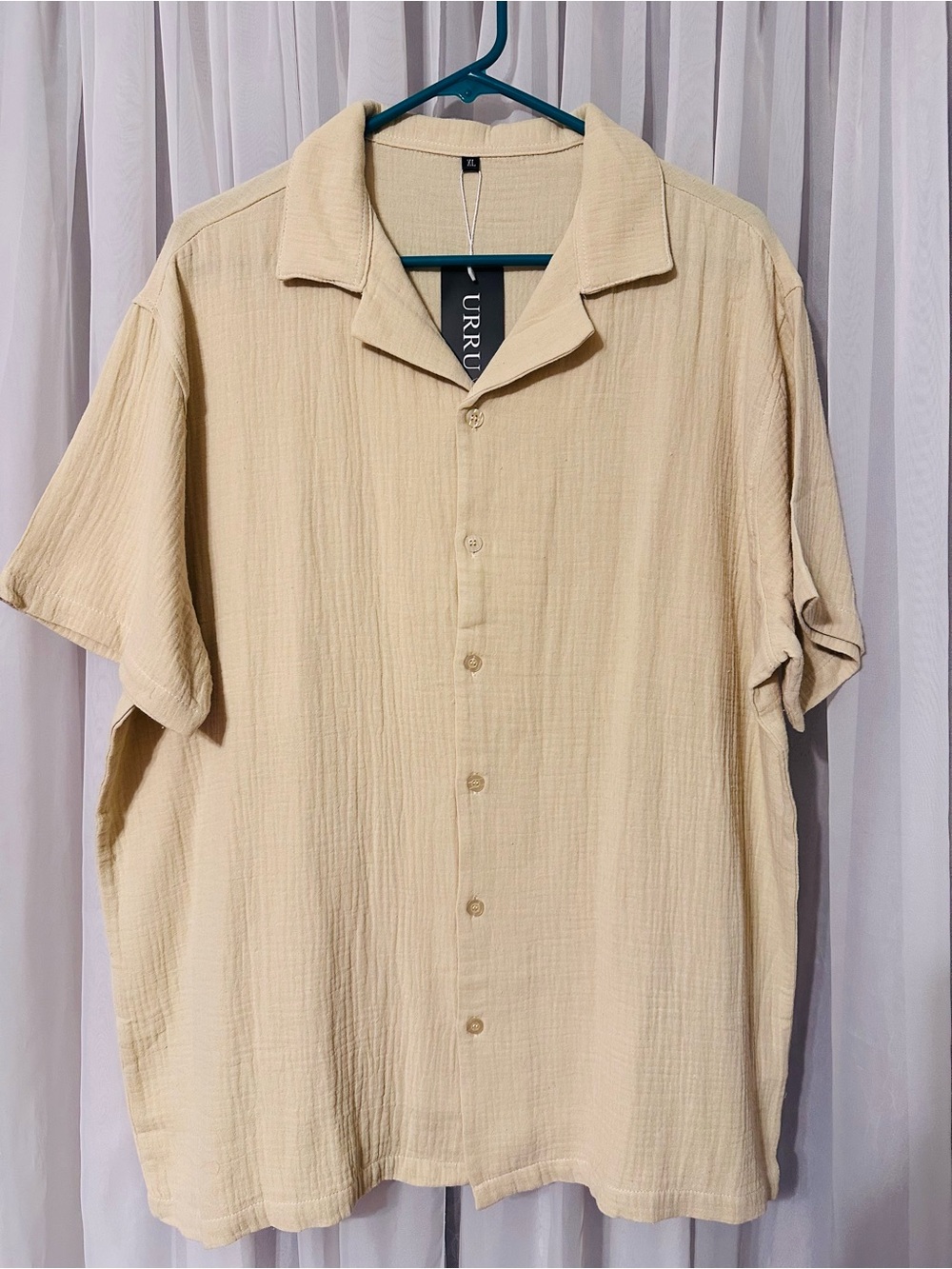 Cream Gauze Cotton Short-Sleeve Button-Up Shirt size XL